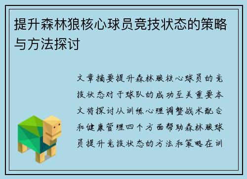 提升森林狼核心球员竞技状态的策略与方法探讨