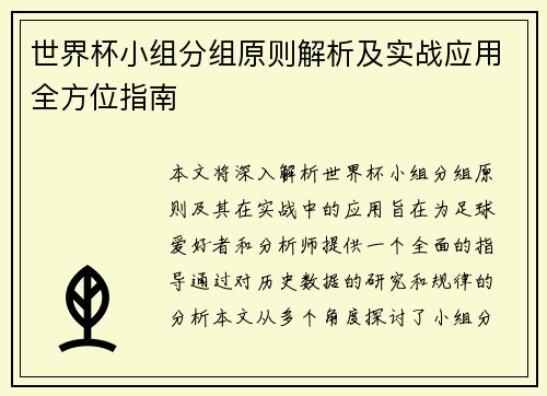 世界杯小组分组原则解析及实战应用全方位指南