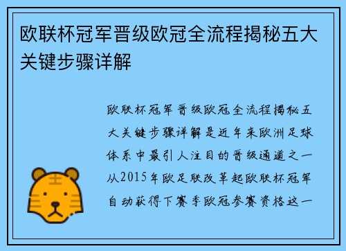 欧联杯冠军晋级欧冠全流程揭秘五大关键步骤详解